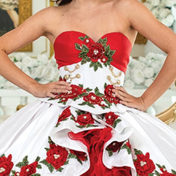 New Strapless Floral Lace Embellished Quinceanera Gown w/ Lace Up Back DQ 1934 - Picture 4 of 8